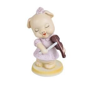 Mini Pig Piggy Playing Violin w/ Pink Dress 4" Figurine Porcelain 80's Flambro